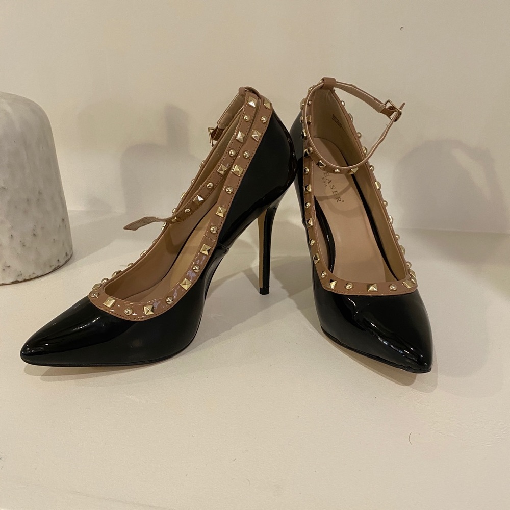 FIRM NW Pleaser black studded stilettos